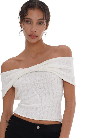 SweetChilling Solid Cropped One Shoulder Bow Knit Women&