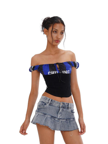 SweetChilling Sporty Spliced Waist Cinch V-neck Printed Cropped Women&