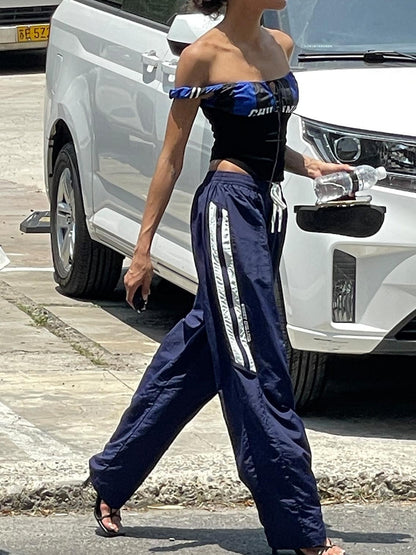 SweetChilling Sporty Spliced Waist Cinch V-neck Printed Cropped Women&
