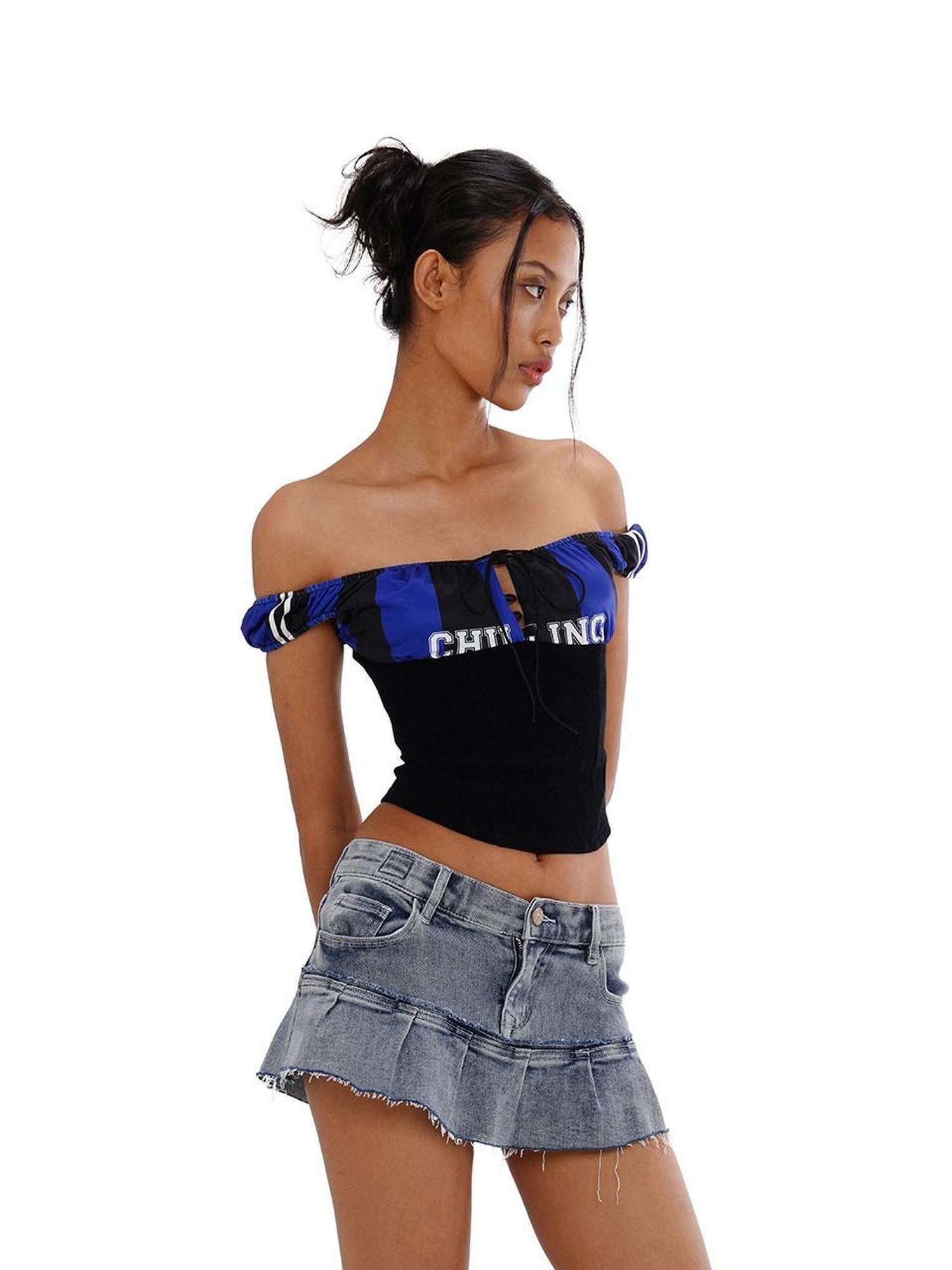 SweetChilling Sporty Spliced Waist Cinch V-neck Printed Cropped Women&