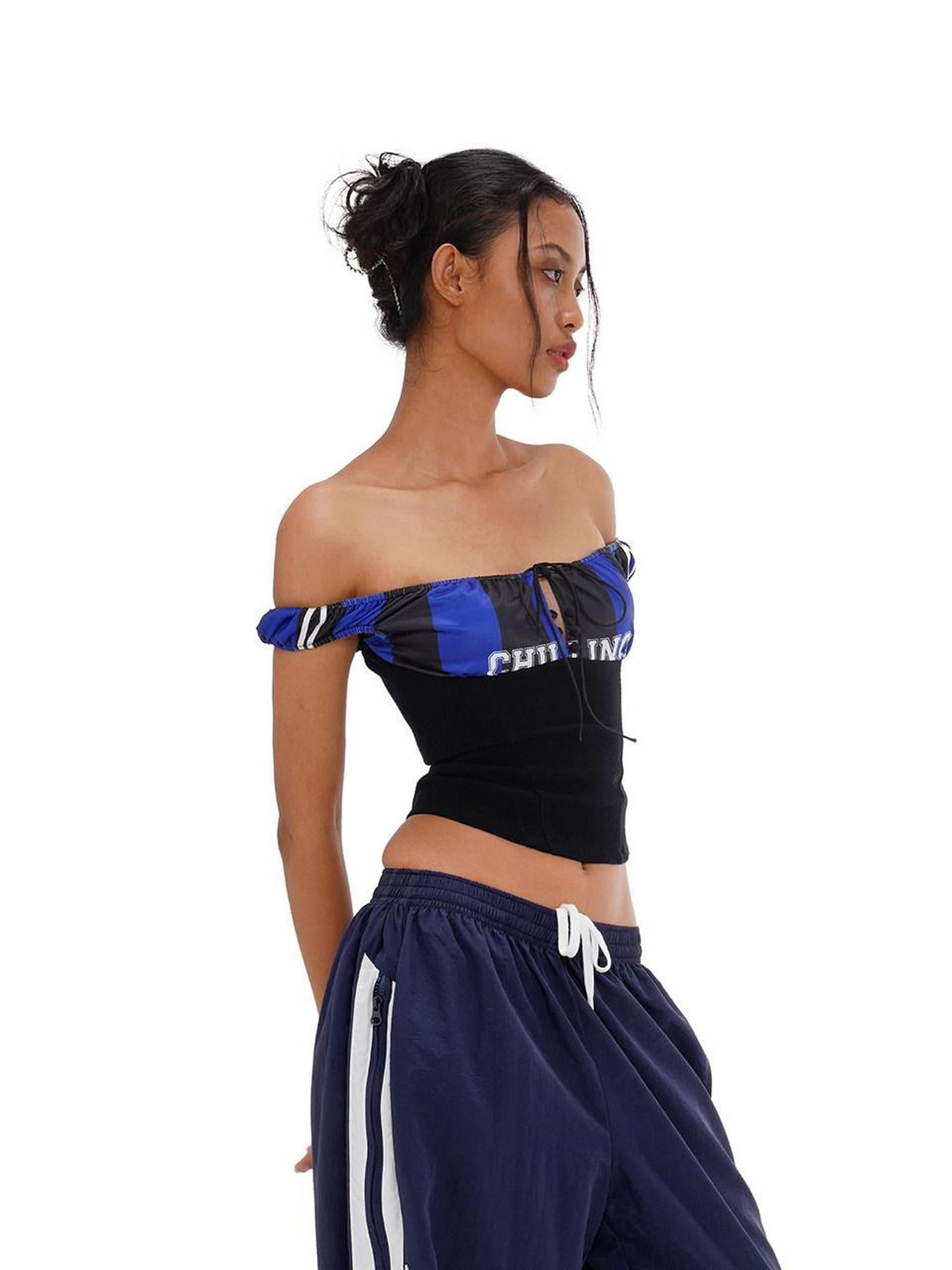 SweetChilling Sporty Spliced Waist Cinch V-neck Printed Cropped Women&