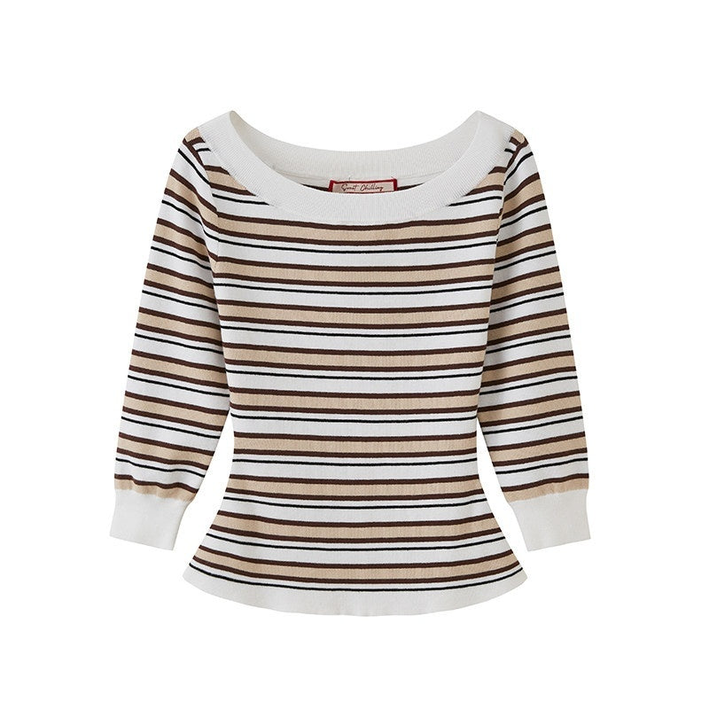 SweetChilling Striped Boat Neck Waist Knit Women&