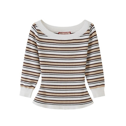 SweetChilling Striped Boat Neck Waist Knit Women&