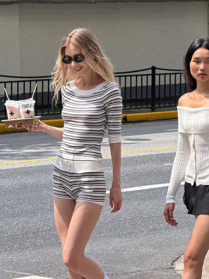 SweetChilling Striped Boat Neck Waist Knit Women&