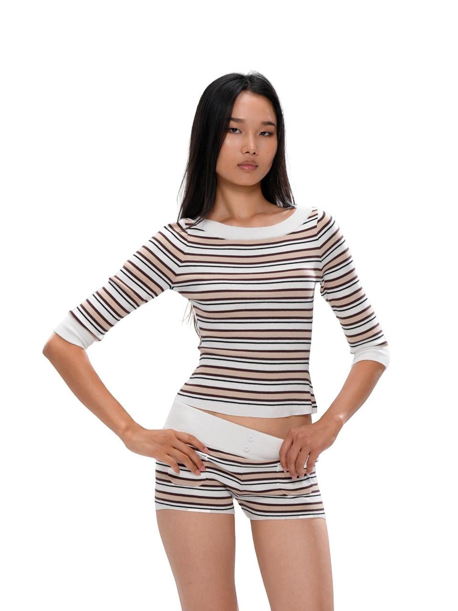 SweetChilling Striped Boat Neck Waist Knit Women&
