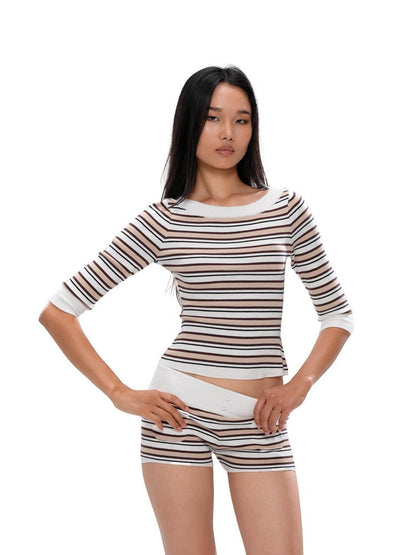 SweetChilling Striped Boat Neck Waist Knit Women&