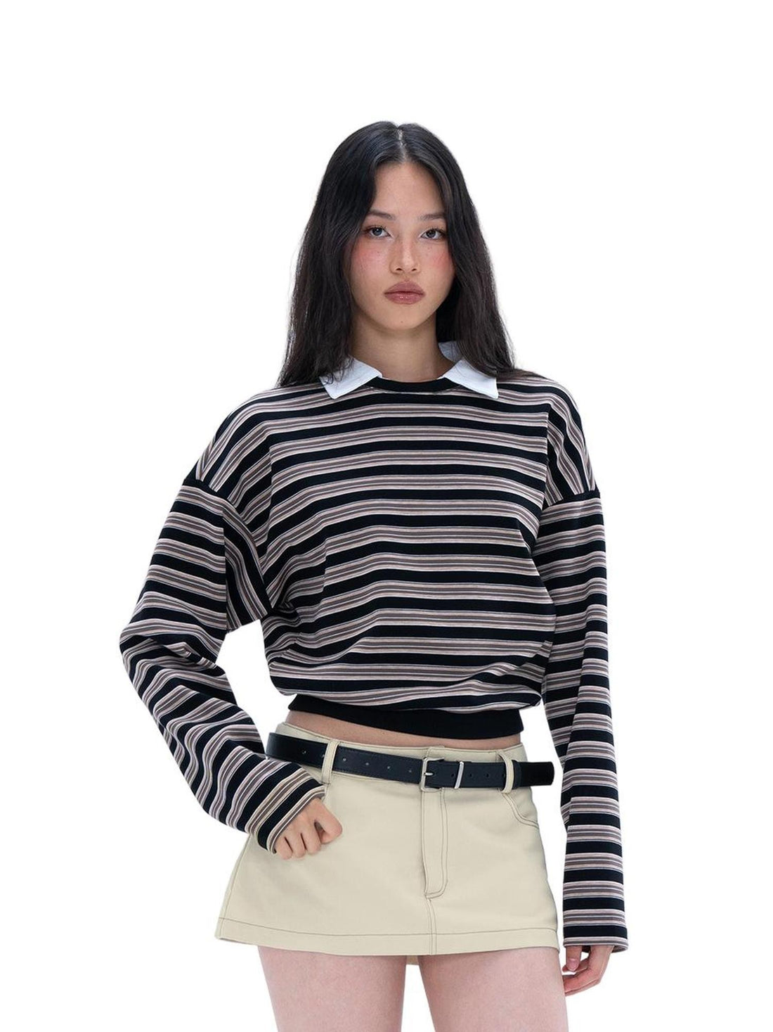 SweetChilling Striped Contrast Collar Long Sleeve Women&