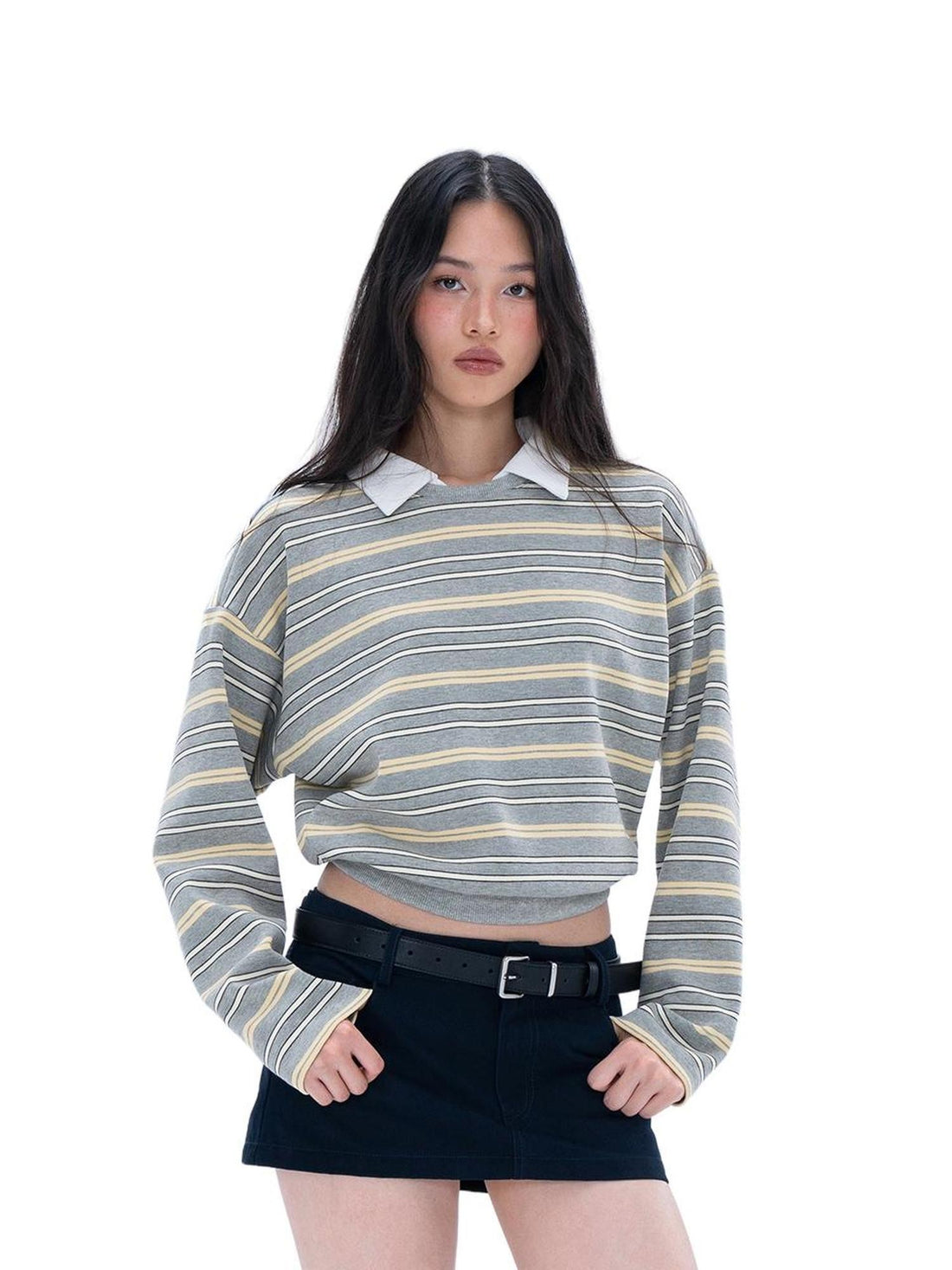 SweetChilling Striped Contrast Collar Long Sleeve Women&