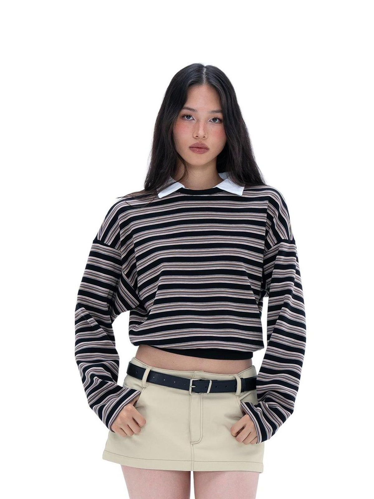 SweetChilling Striped Contrast Collar Long Sleeve Women&
