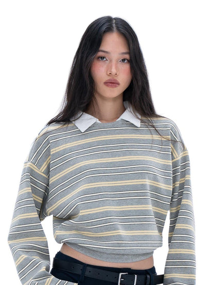 SweetChilling Striped Contrast Collar Long Sleeve Women&