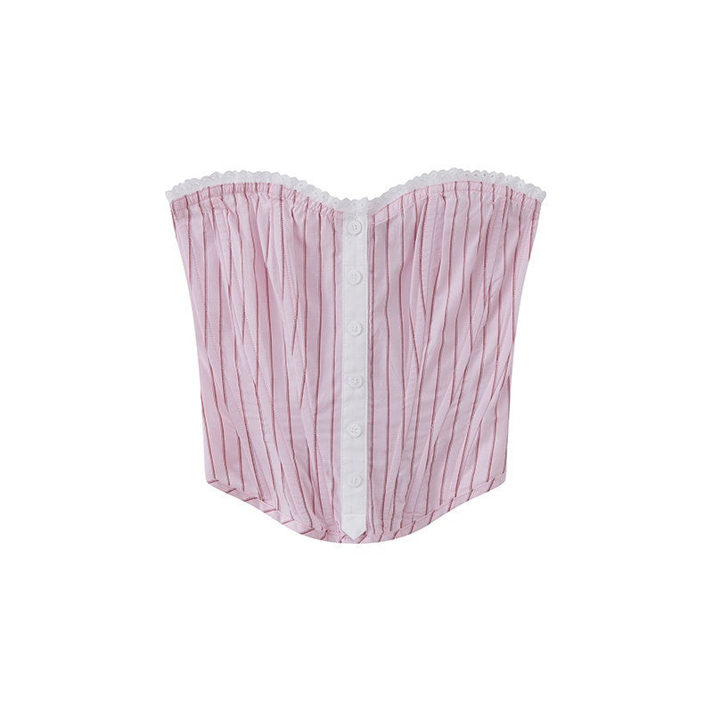 SweetChilling Striped Cropped Shirt Boned Corset Cotton Women&