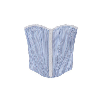 SweetChilling Striped Cropped Shirt Boned Corset Cotton Women&