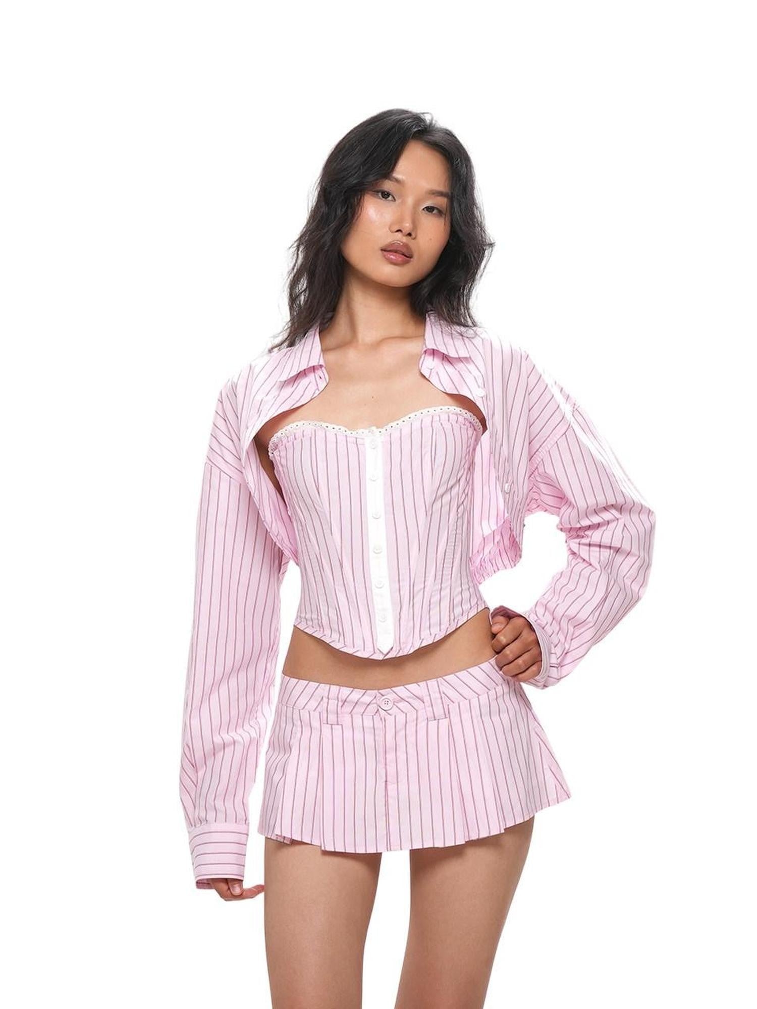SweetChilling Striped Cropped Shirt Boned Corset Cotton Women&