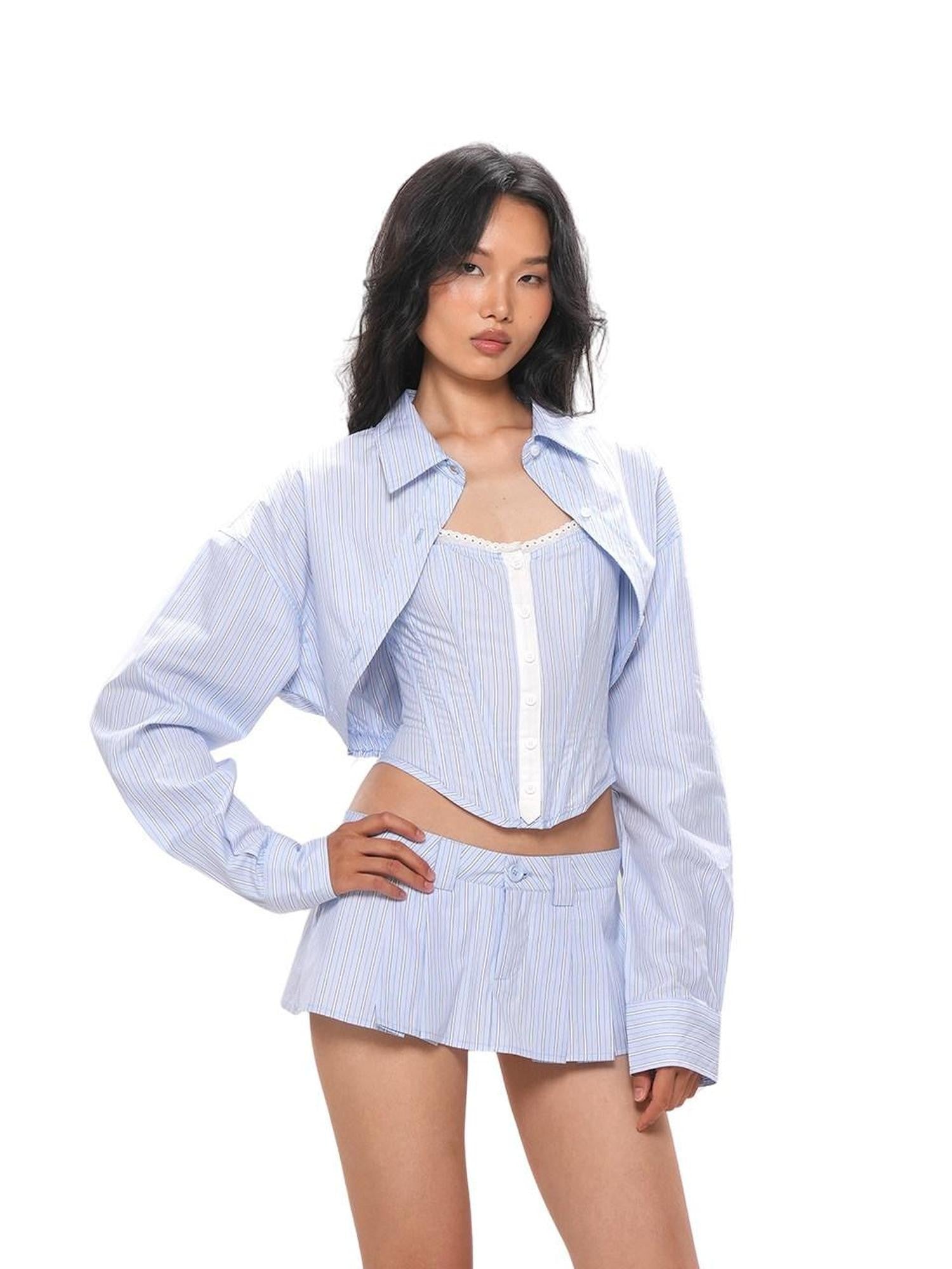 SweetChilling Striped Cropped Shirt Boned Corset Cotton Women&