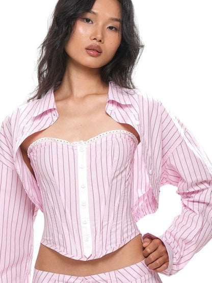 SweetChilling Striped Cropped Shirt Boned Corset Cotton Women&