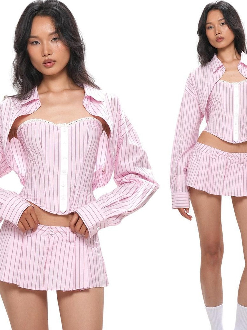 SweetChilling Striped Cropped Shirt Boned Corset Cotton Women&