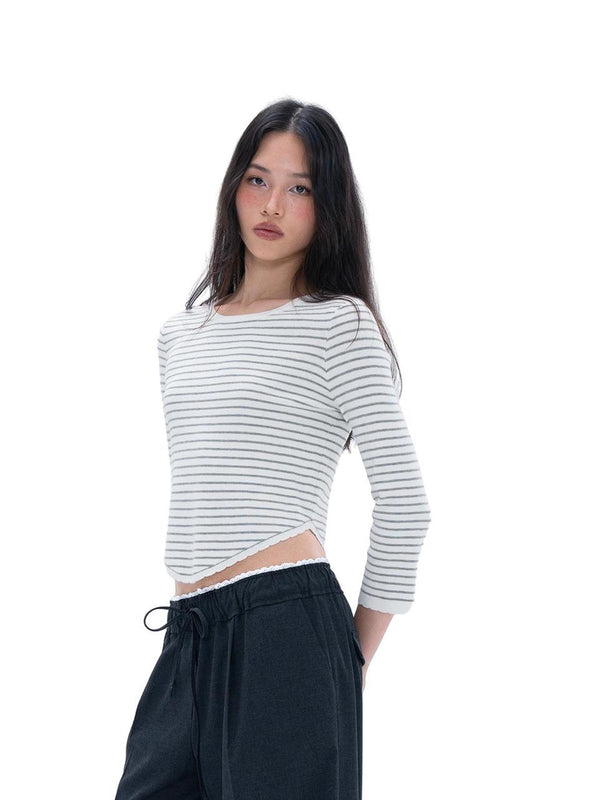 Striped Perforated Jacquard Round Hem Women's Sweaters