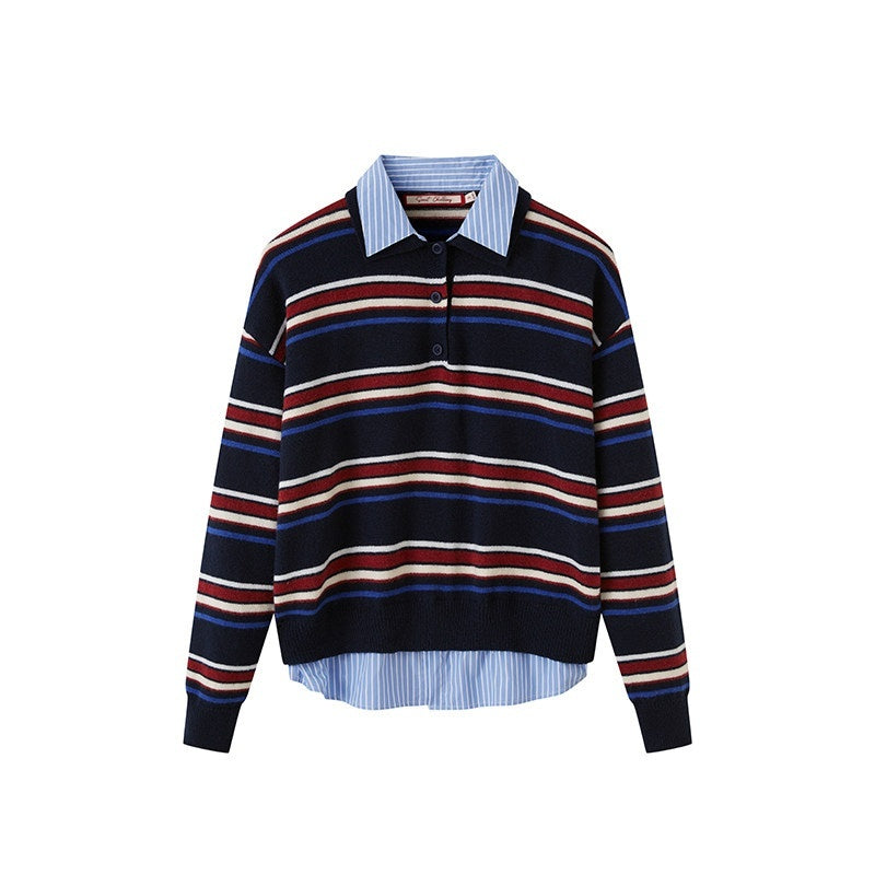 SweetChilling Striped Polo Collar Faux Two Piece Women&