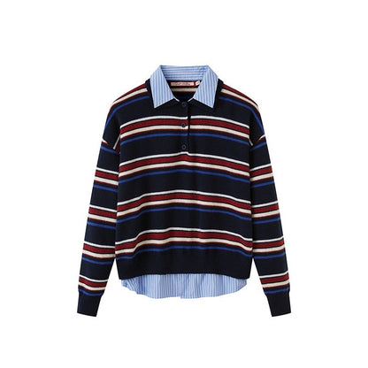 SweetChilling Striped Polo Collar Faux Two Piece Women&