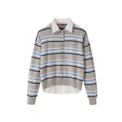 SweetChilling Striped Polo Collar Faux Two Piece Women&