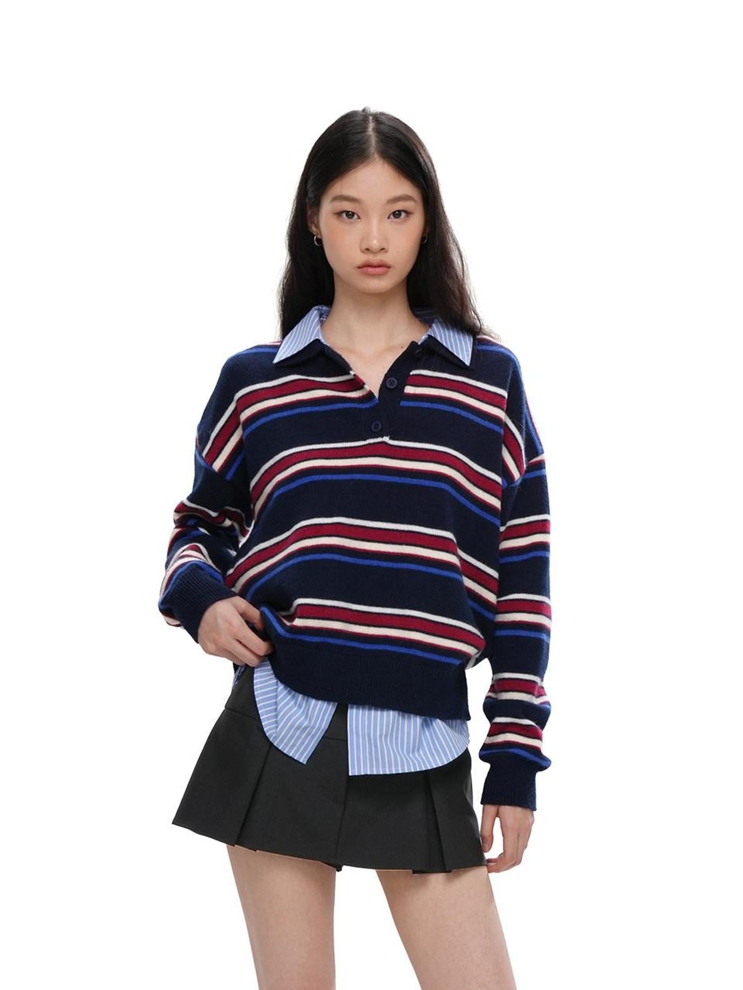 SweetChilling Striped Polo Collar Faux Two Piece Women&
