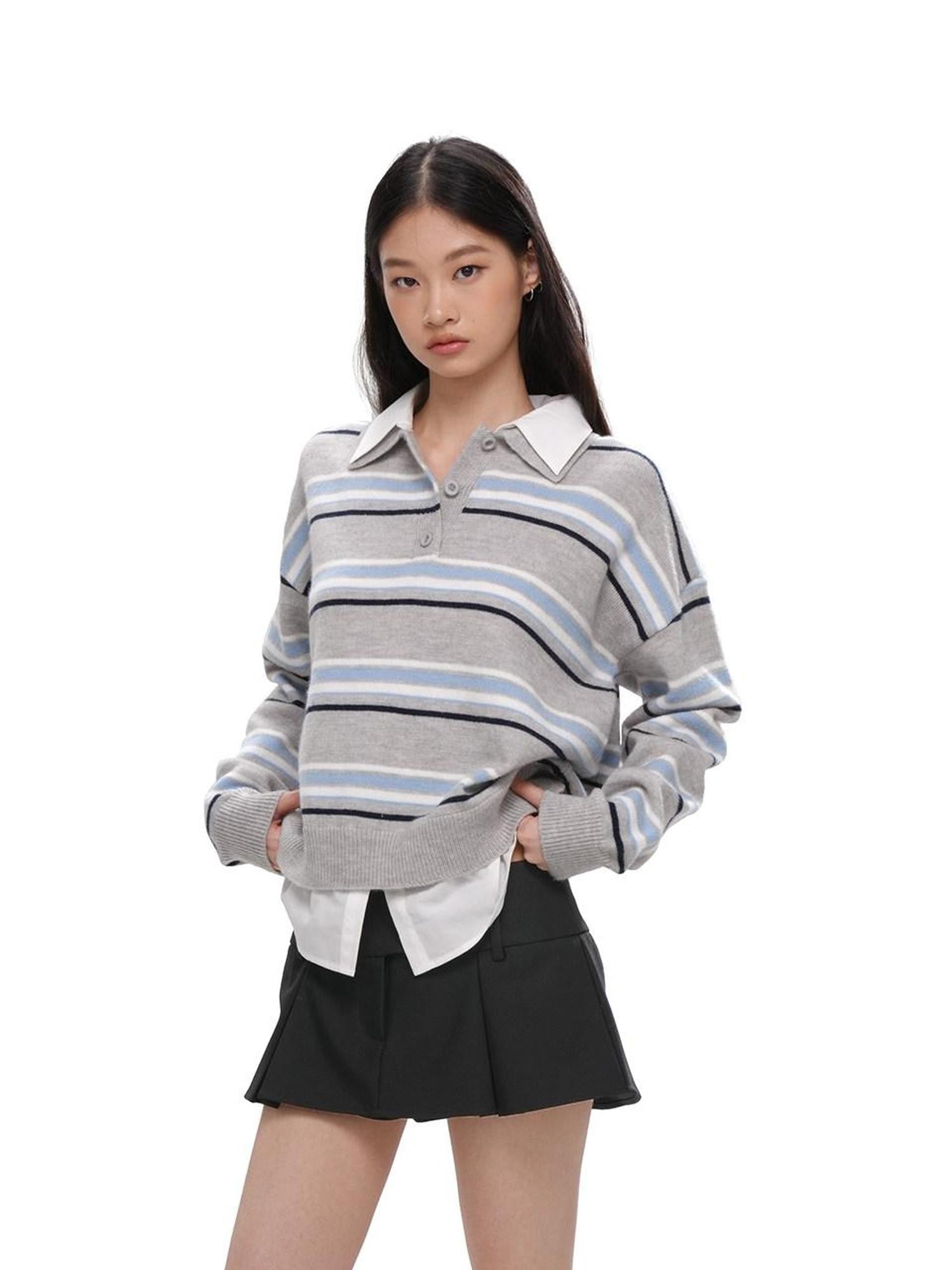 SweetChilling Striped Polo Collar Faux Two Piece Women&