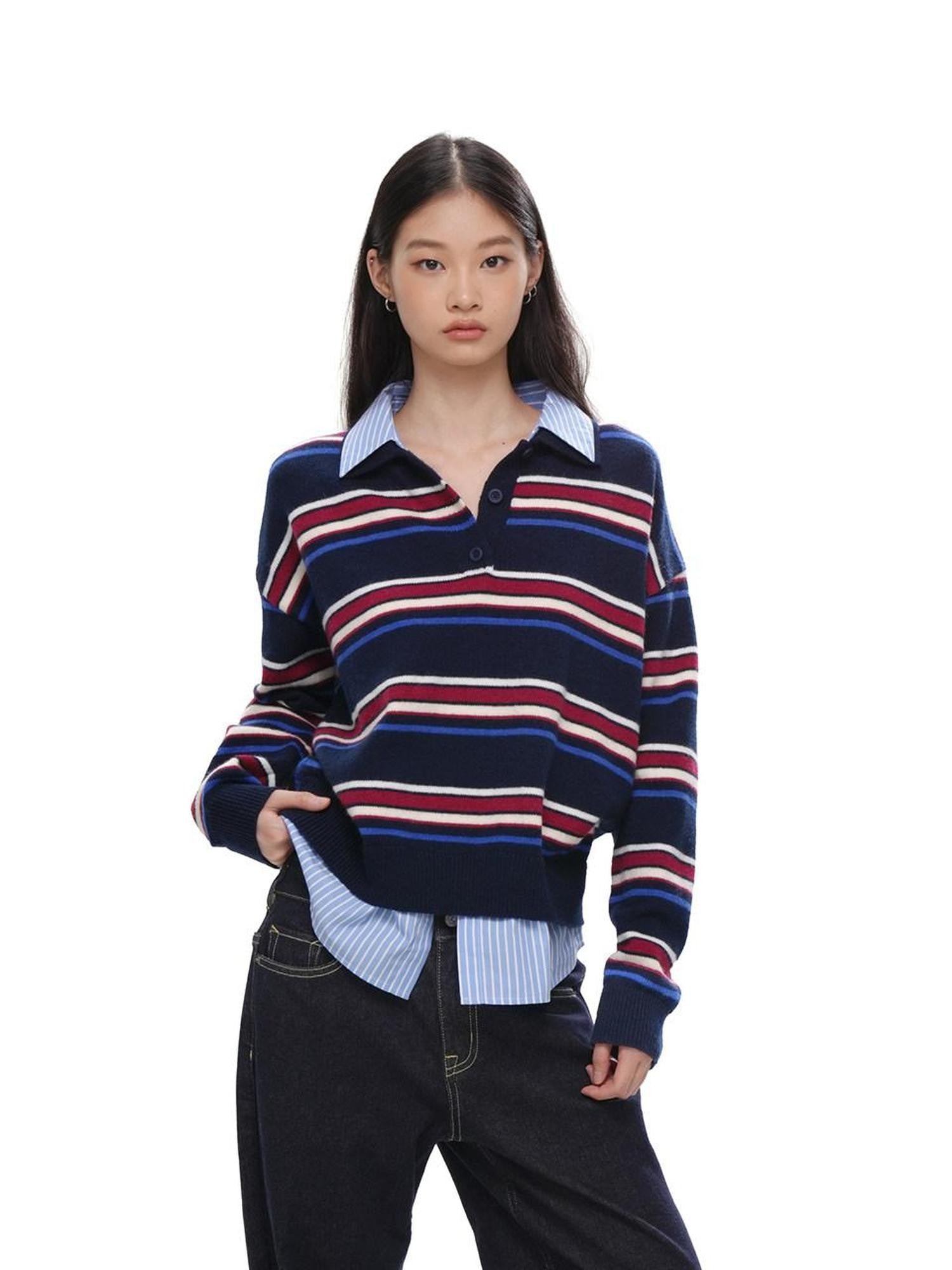 SweetChilling Striped Polo Collar Faux Two Piece Women&