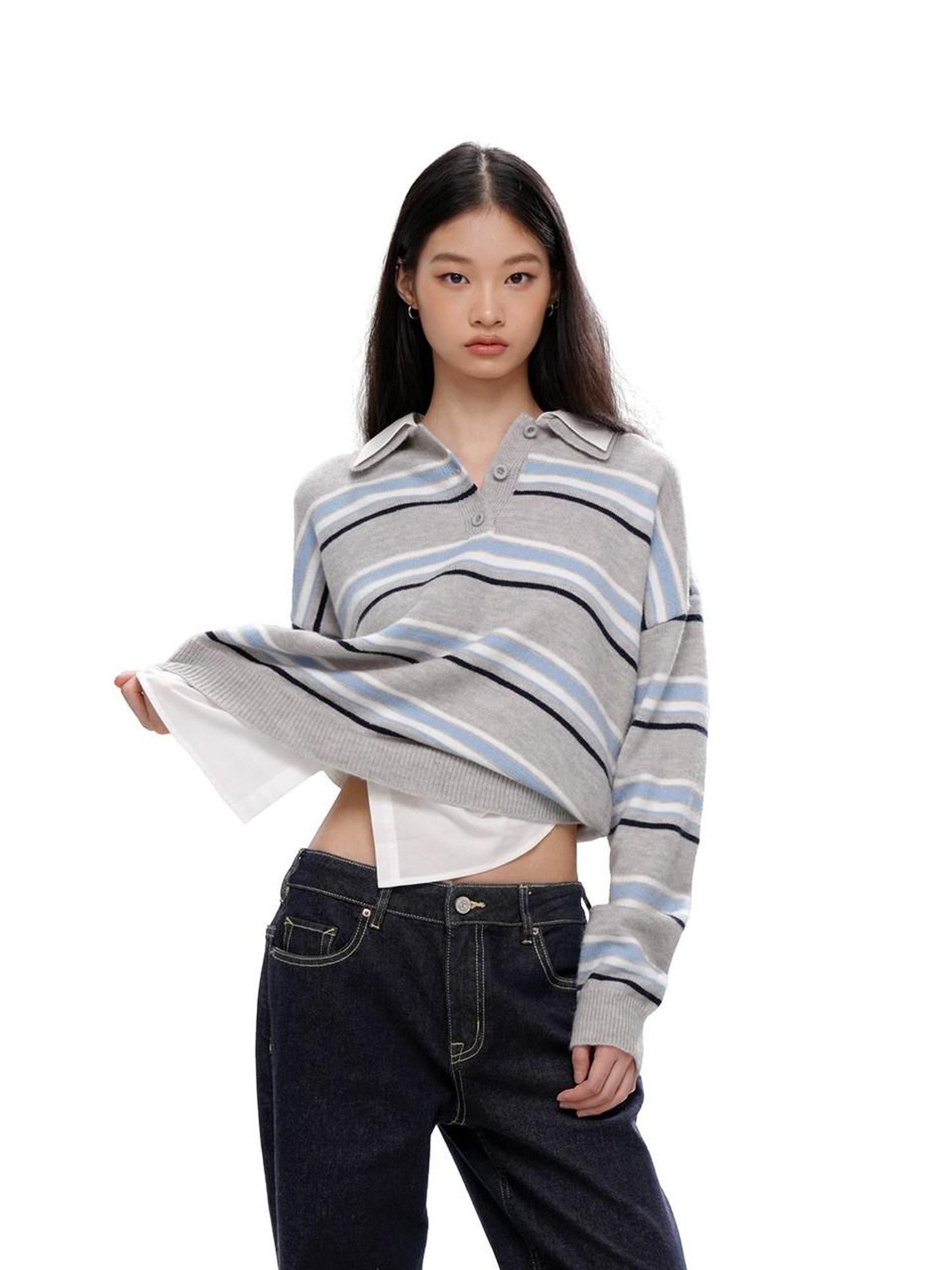 SweetChilling Striped Polo Collar Faux Two Piece Women&