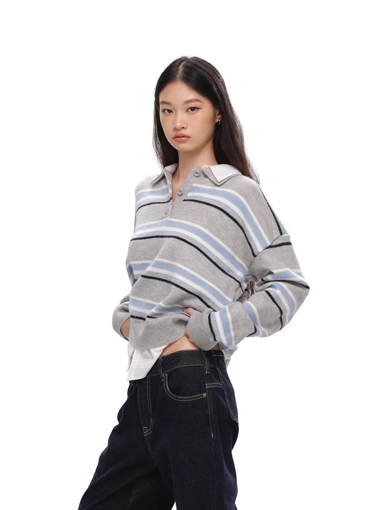 SweetChilling Striped Polo Collar Faux Two Piece Women&