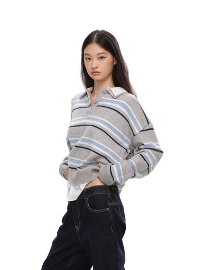 SweetChilling Striped Polo Collar Faux Two Piece Women&