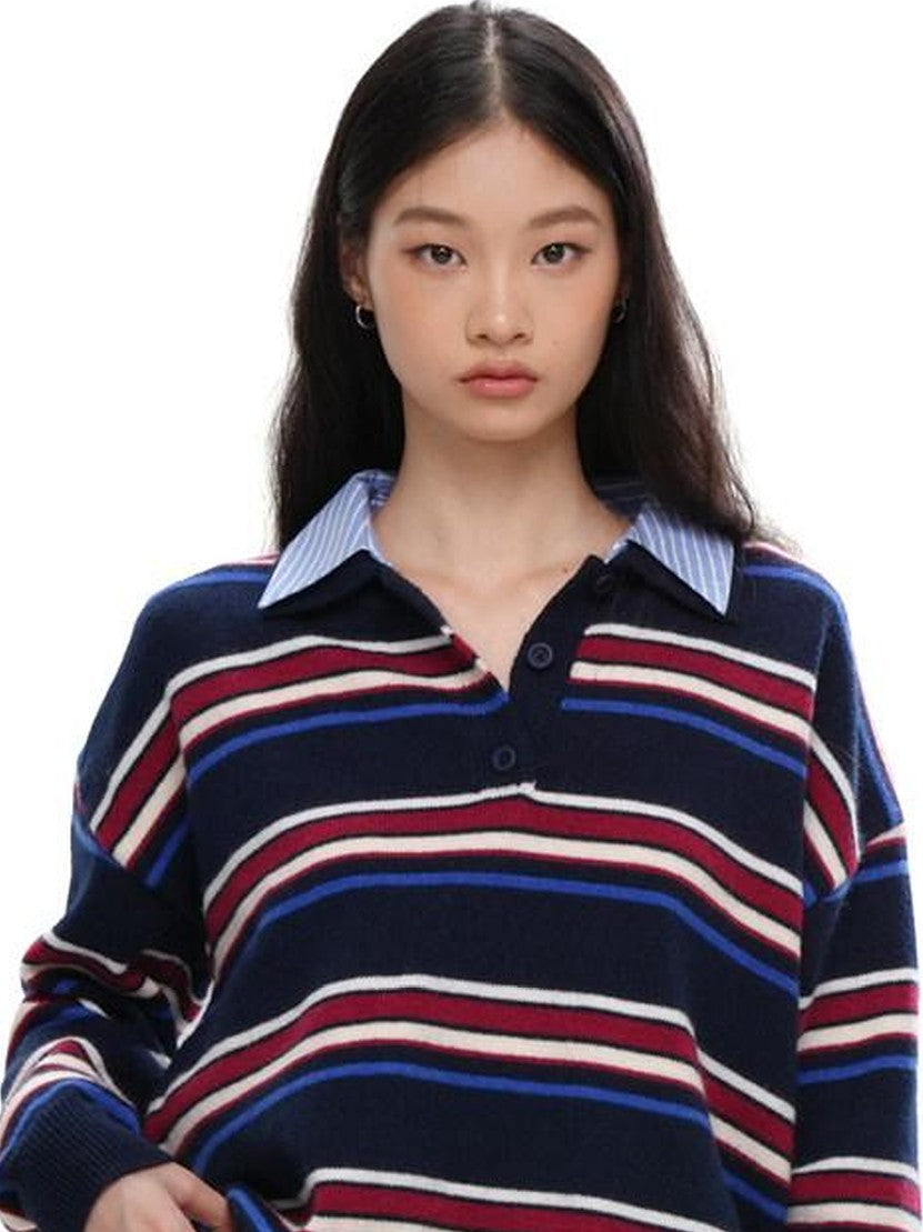 SweetChilling Striped Polo Collar Faux Two Piece Women&
