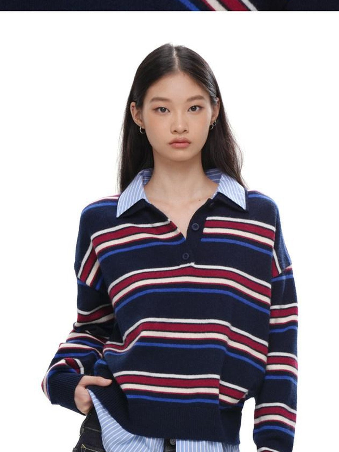 SweetChilling Striped Polo Collar Faux Two Piece Women&