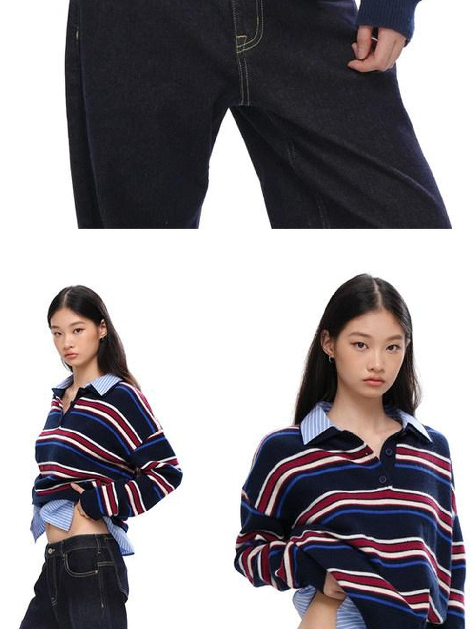 SweetChilling Striped Polo Collar Faux Two Piece Women&