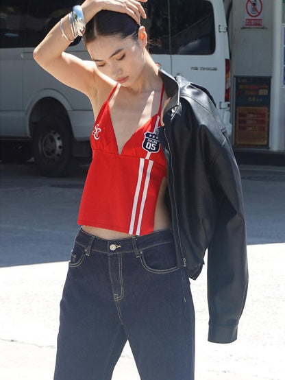 SweetChilling Striped Tie Neck Cropped Sporty Sexy Women&