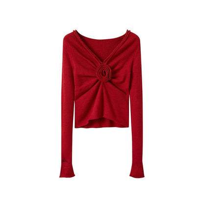 SweetChilling_V-neck_Front_Pleated_Rose_Embellishment_Women&