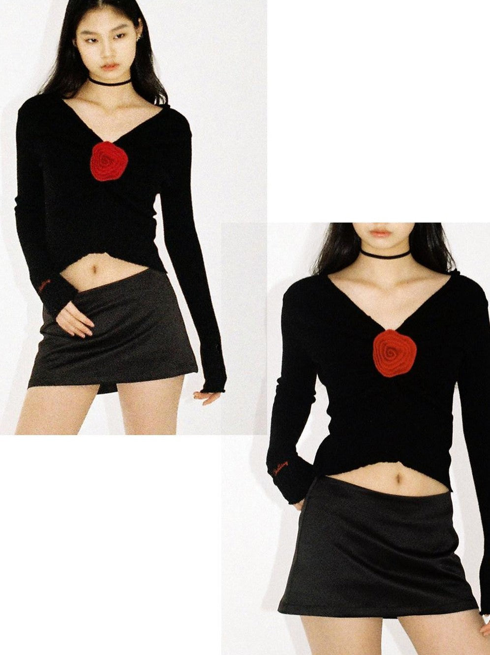 SweetChilling V-neck Front Pleated Rose Embellishment Women&