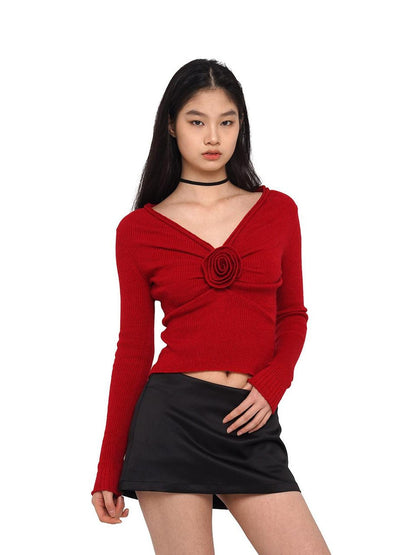 SweetChilling V-neck Front Pleated Rose Embellishment Women&