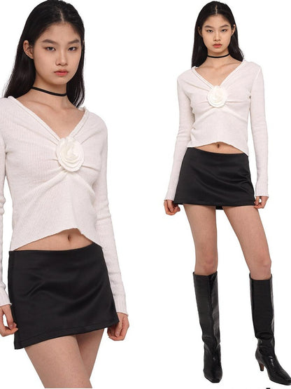 SweetChilling V-neck Front Pleated Rose Embellishment Women&