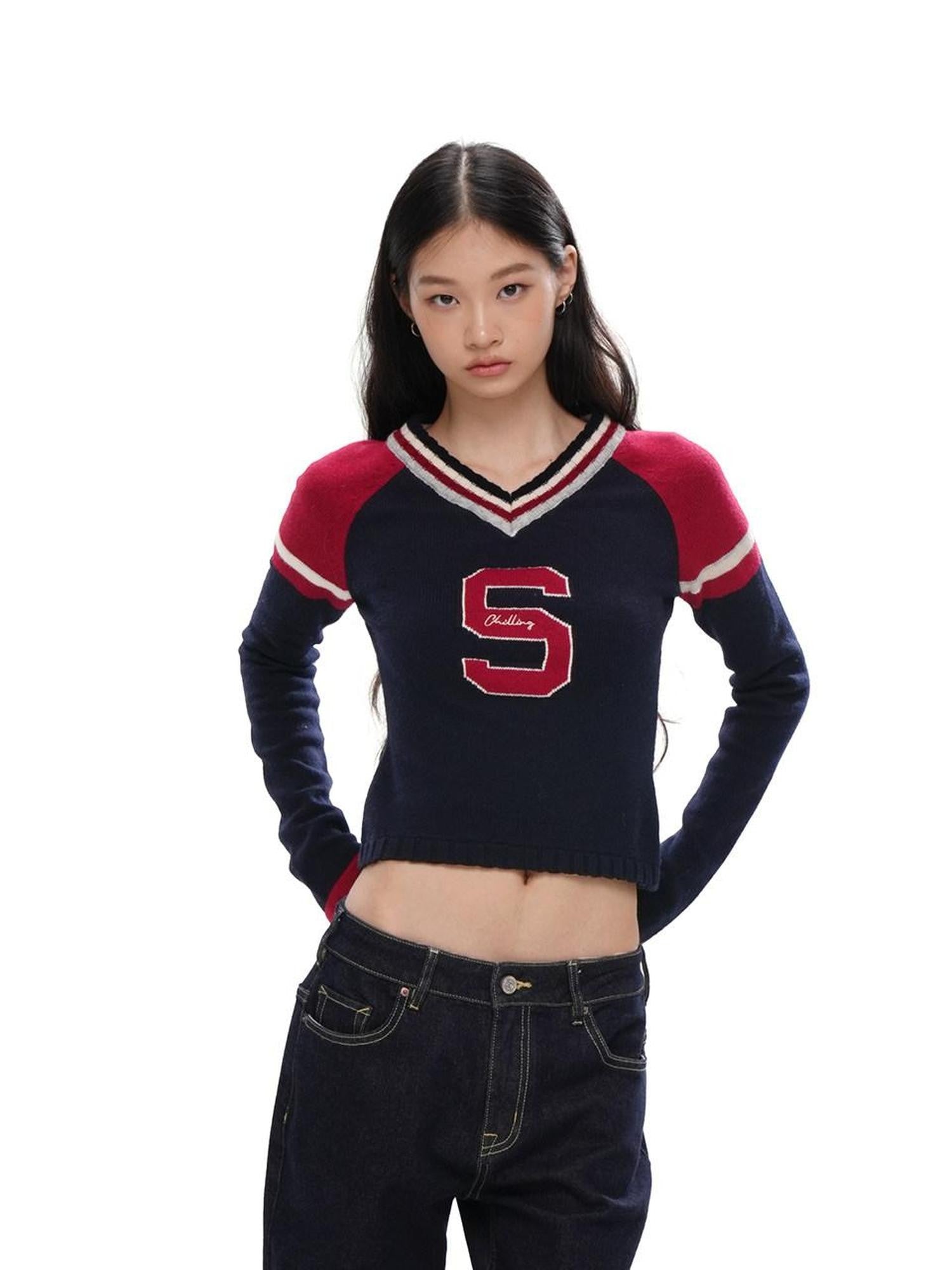 SweetChilling V-neck Jacquard Sport Short Cropped Slim Women&
