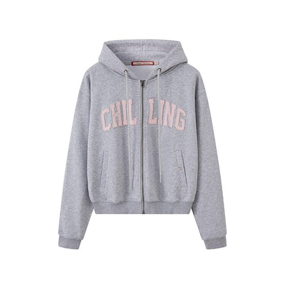 SweetChilling Varsity Letter Logo Applique Hooded Zip Women&