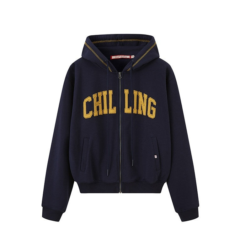 SweetChilling Varsity Letter Logo Applique Hooded Zip Women&