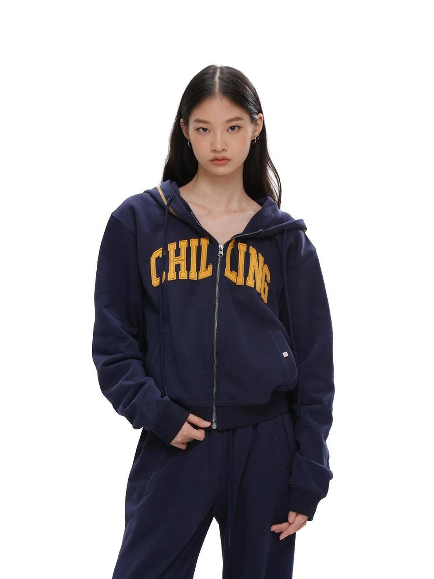 SweetChilling Varsity Letter Logo Applique Hooded Zip Women&