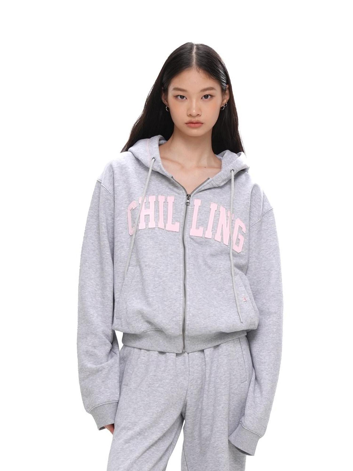 SweetChilling Varsity Letter Logo Applique Hooded Zip Women&
