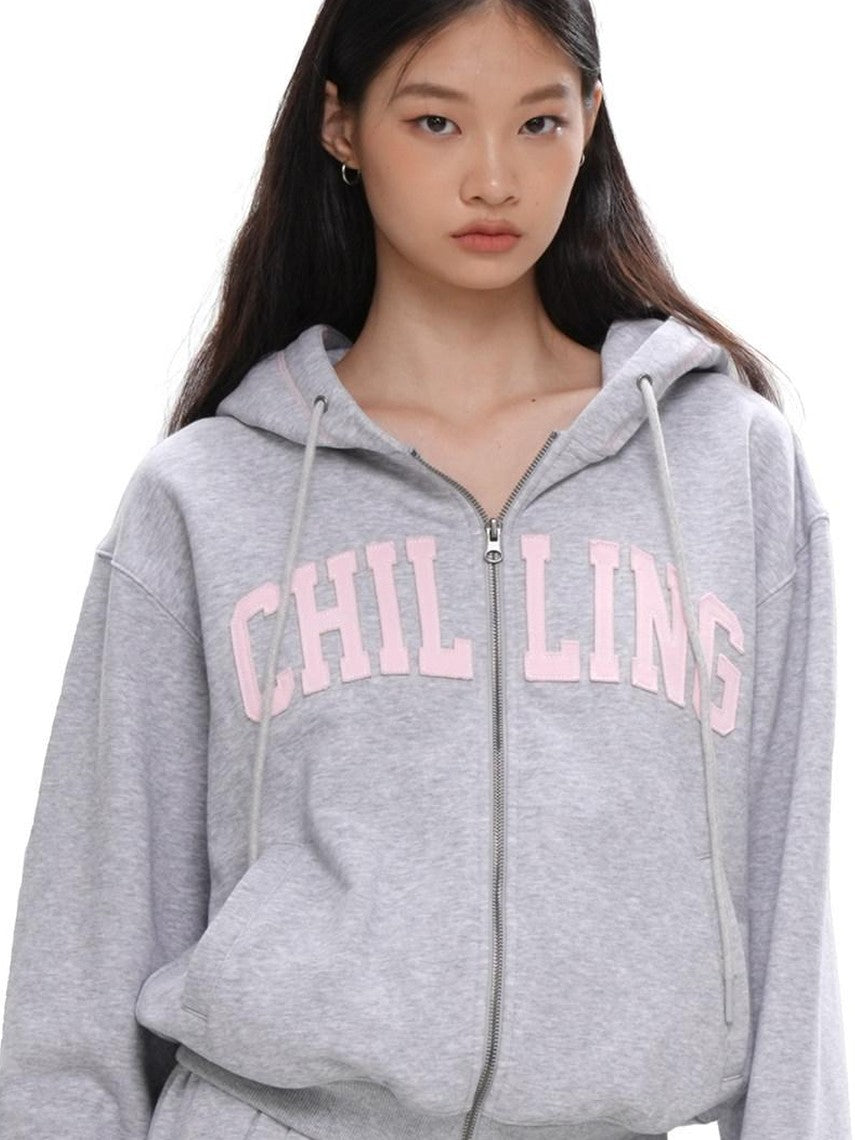 SweetChilling Varsity Letter Logo Applique Hooded Zip Women&