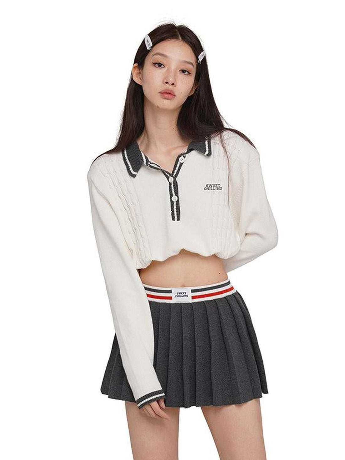 SweetChilling Vintage Cropped Polo Collar Knit Women&