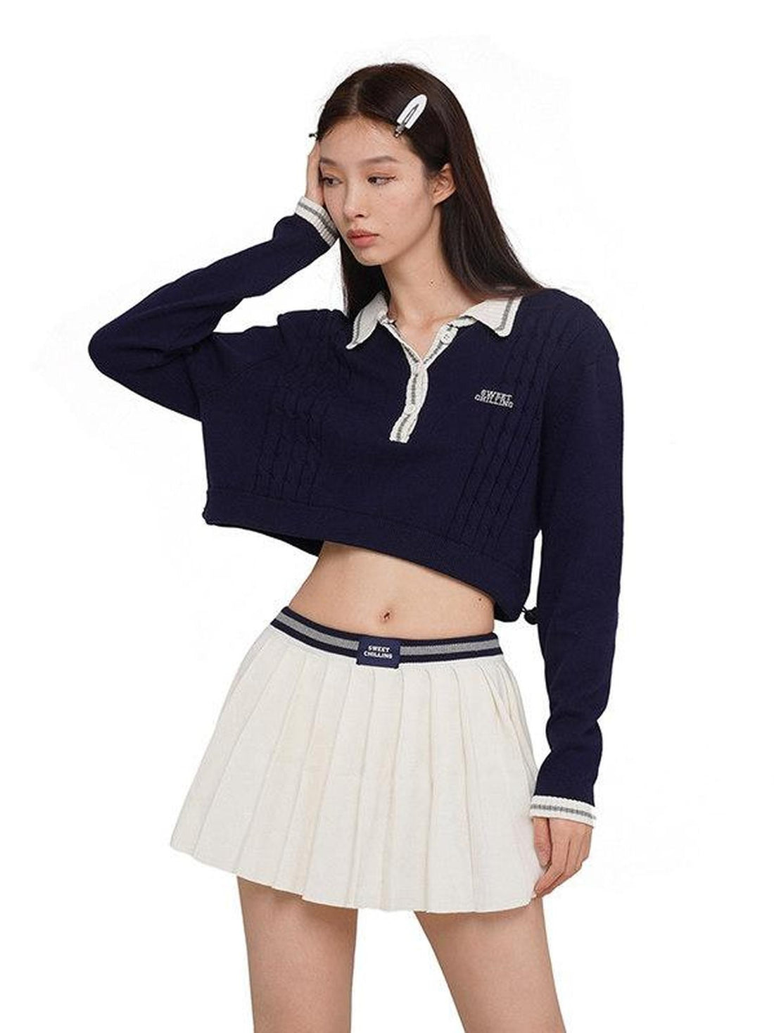 SweetChilling Vintage Cropped Polo Collar Knit Women&