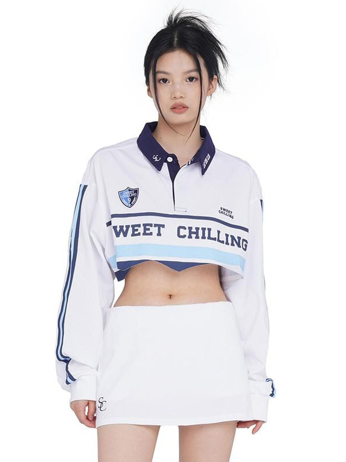SweetChilling Vintage Distressed Long Sleeve Cotton Polo Top Women&