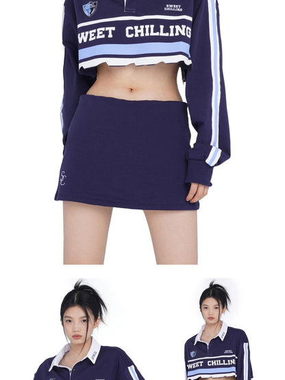 SweetChilling Vintage Distressed Long Sleeve Cotton Polo Top Women&