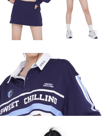 SweetChilling Vintage Distressed Long Sleeve Cotton Polo Top Women&