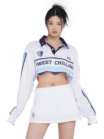 SweetChilling Vintage Distressed Long Sleeve Cotton Polo Top Women&